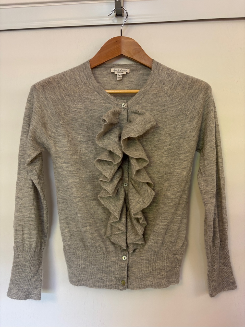 7 For All Mankind Cashmere Cardigan Size Medium Grey Ruffle Cottagecore Dainty - Picture 1 of 10
